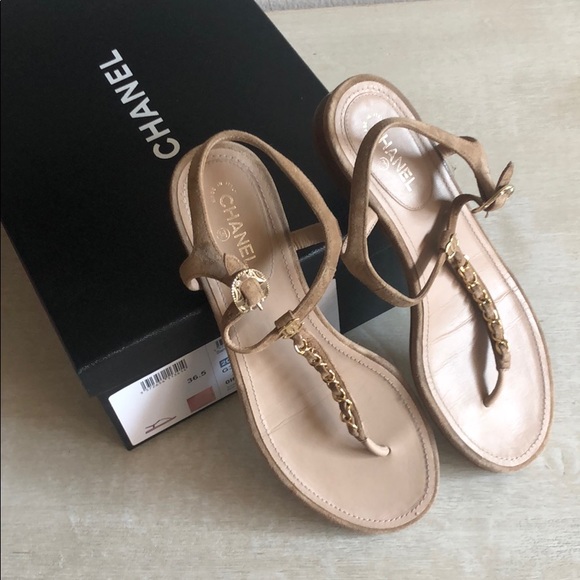 CHANEL, Shoes, Suede Calfskin Nude 2p Golf Chain Chanel Sandals